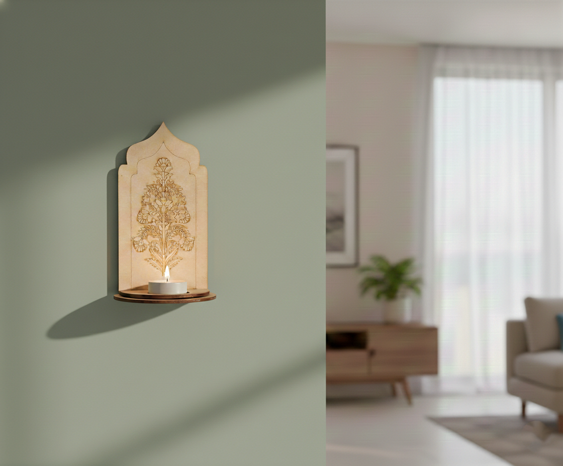 MDF traditional floral arch stand design DIY craft tea light holder with engraved pattern, mounted on wall