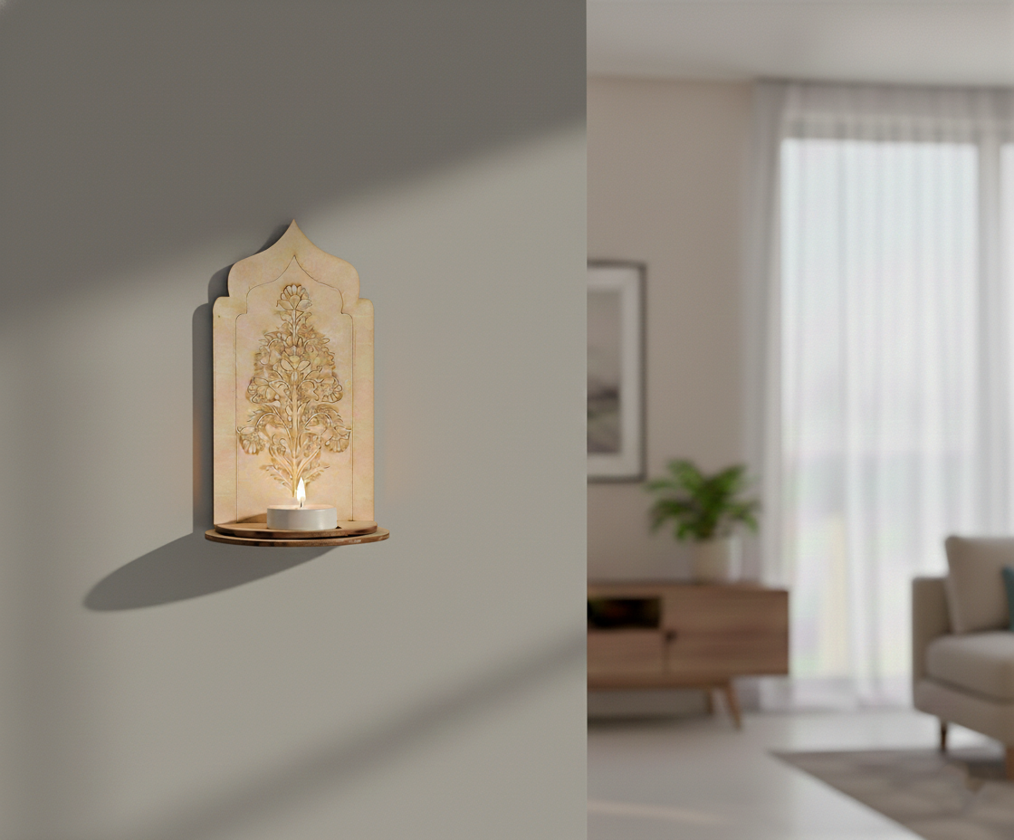 MDF traditional floral arch stand design DIY craft tea light holder with engraved pattern, mounted on wall