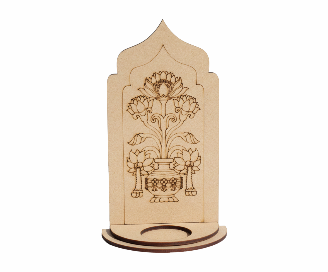 MDF lotus kalash arch stand design DIY craft tea light holder with engraved pattern