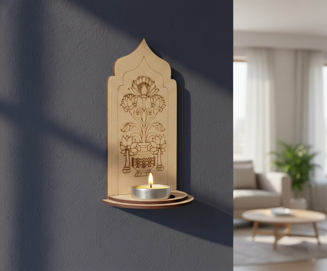 MDF lotus kalash arch stand design DIY craft tea light holder with engraved pattern, mounted on wall