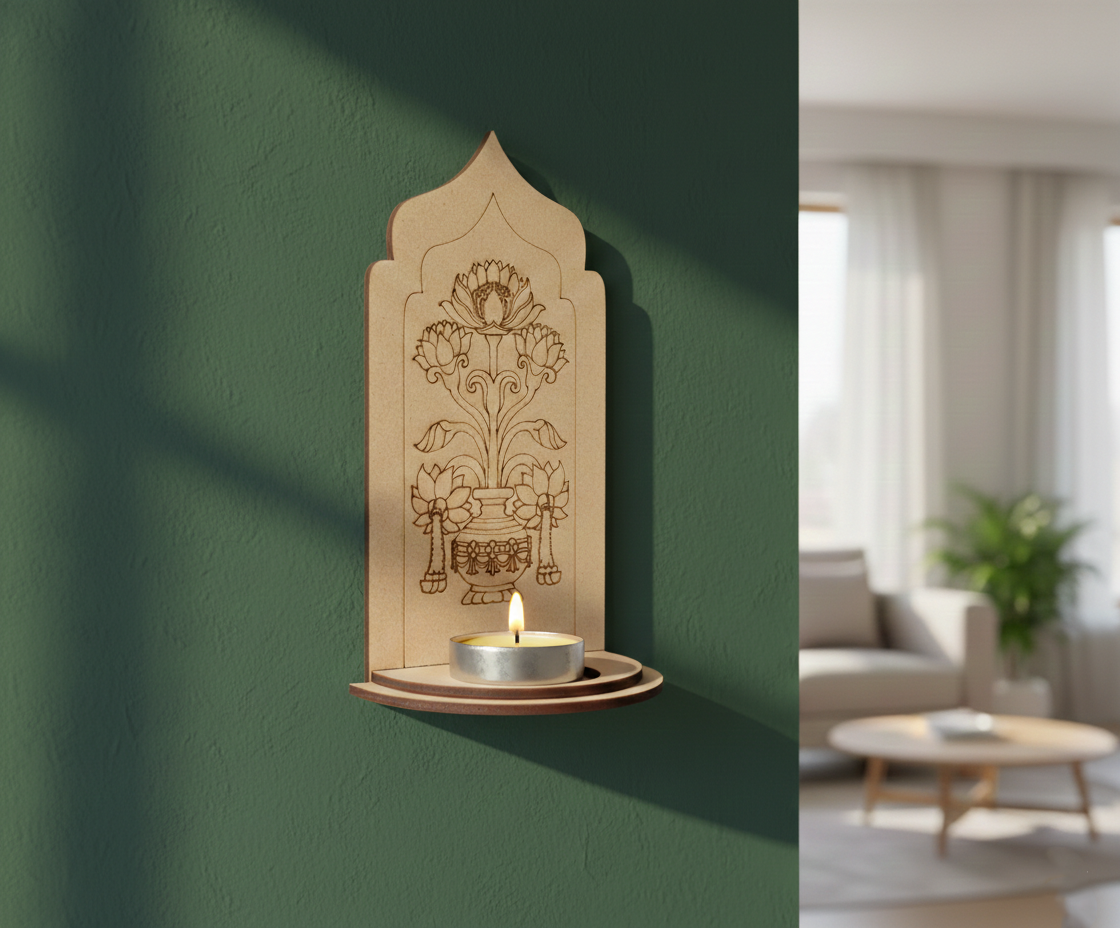 MDF lotus kalash arch stand design DIY craft tea light holder with engraved pattern, mounted on wall