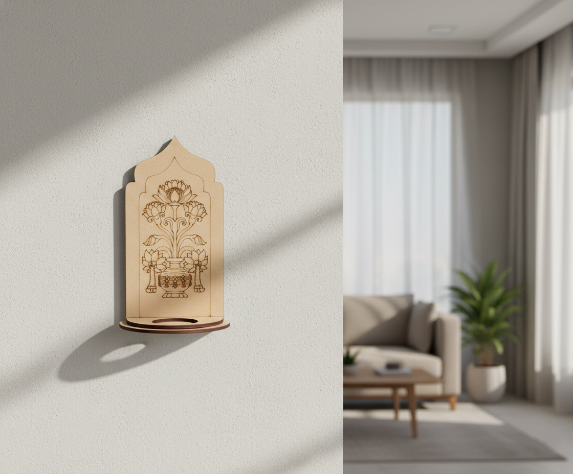 MDF lotus kalash arch stand design DIY craft tea light holder with engraved pattern, mounted on wall