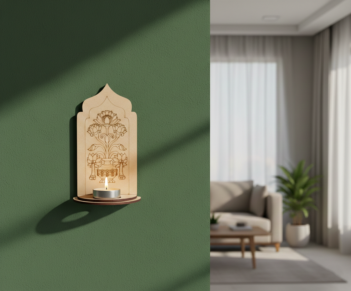 MDF lotus kalash arch stand design DIY craft tea light holder with engraved pattern, mounted on wall