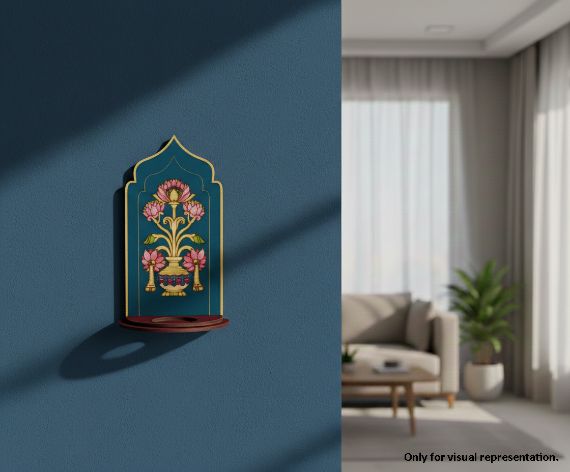 Painted MDF lotus kalash arch stand design DIY craft tea light holder with engraved pattern, mounted on wall