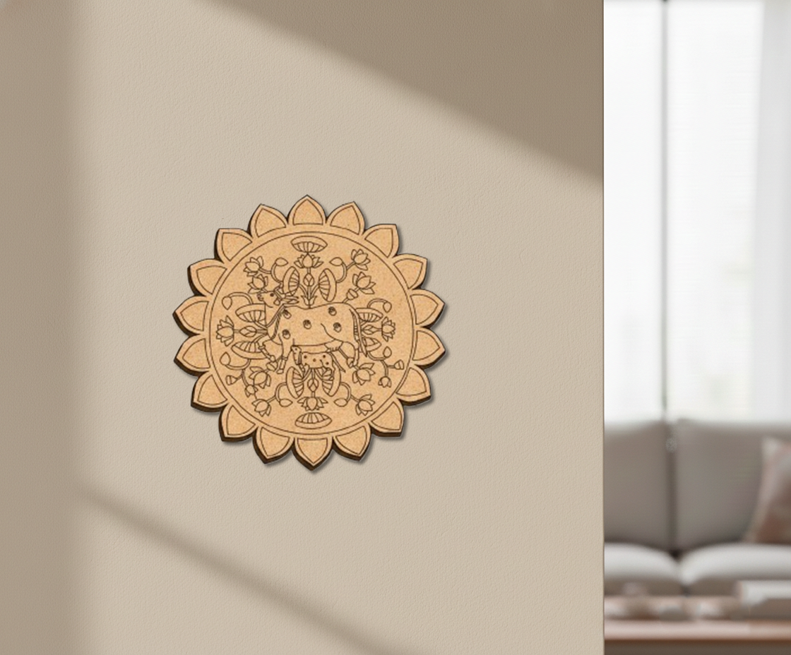 MDF cow mandala round design DIY craft wall decor base with laser engraving, mounted on wall