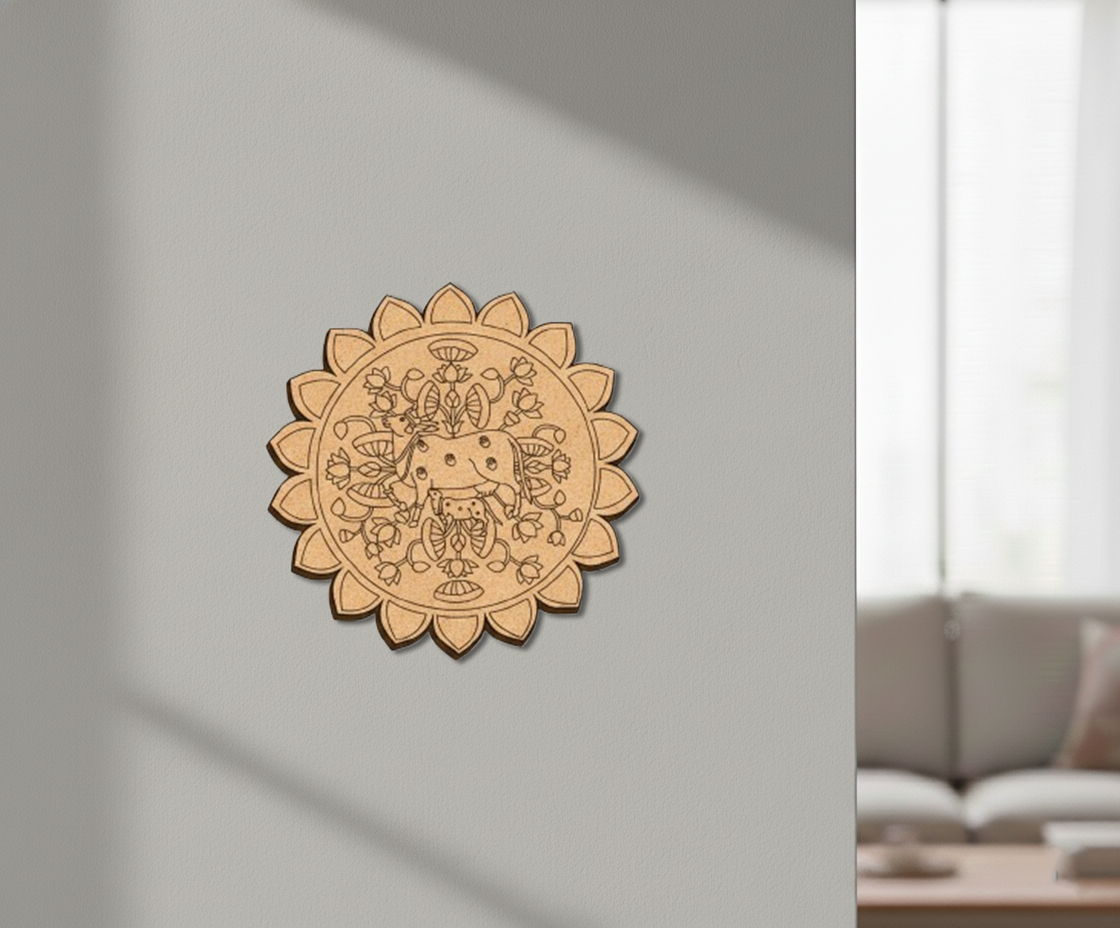MDF cow mandala round design DIY craft wall decor base with laser engraving, mounted on wall