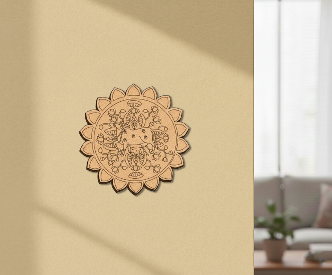 MDF cow mandala round design DIY craft wall decor base with laser engraving, mounted on wall