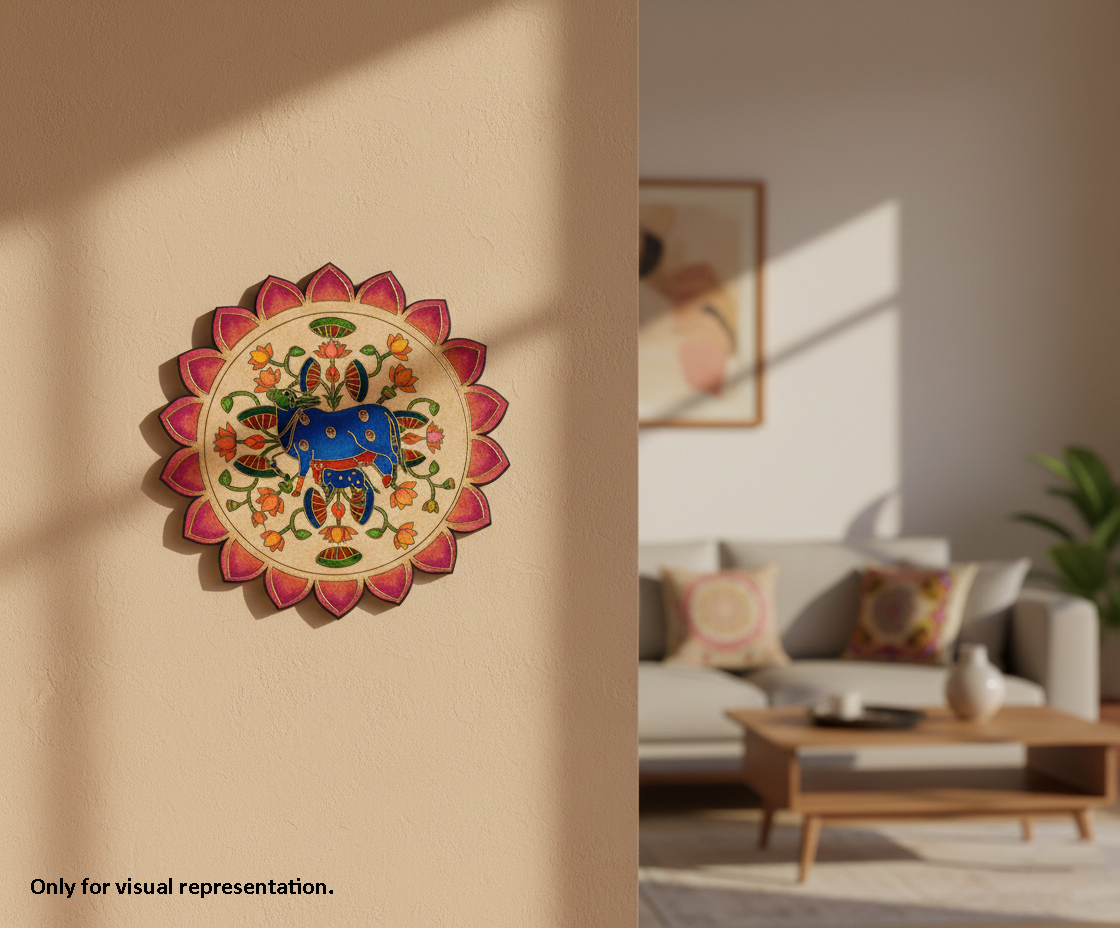 Painted MDF cow mandala round design DIY craft wall decor base with laser engraving, mounted on wall