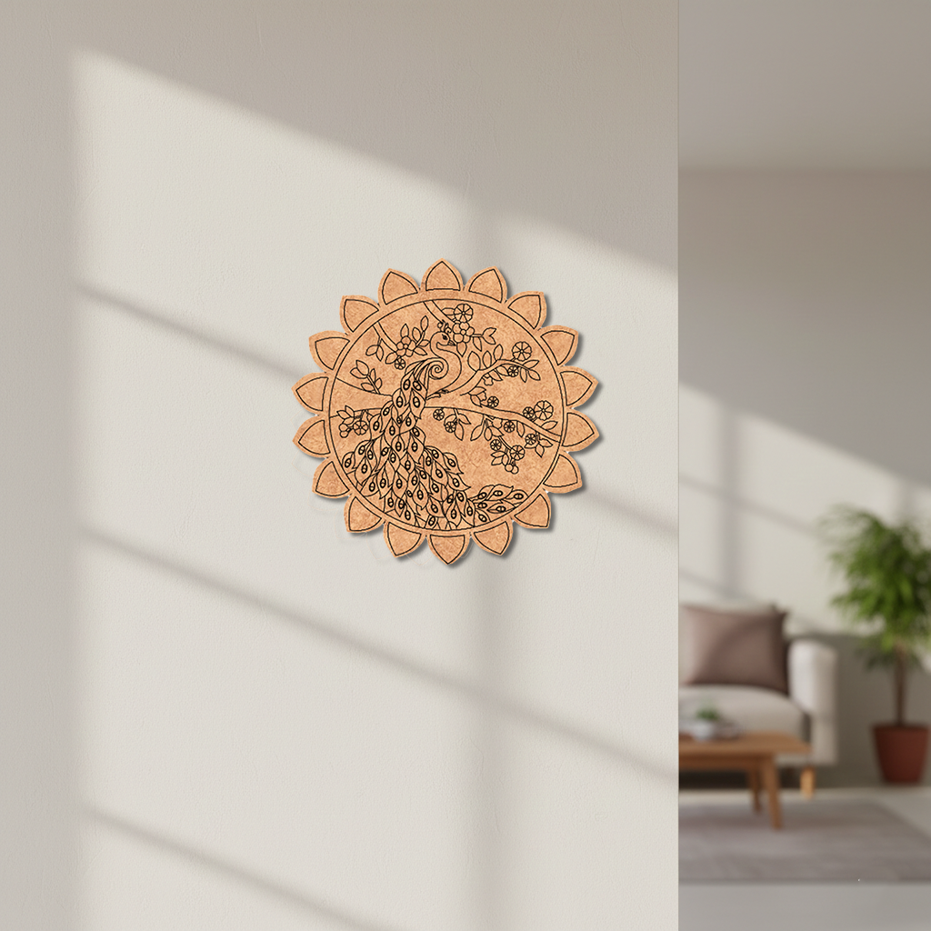 MDF peacock mandala round design DIY craft wall decor base with laser engraving, mounted on wall