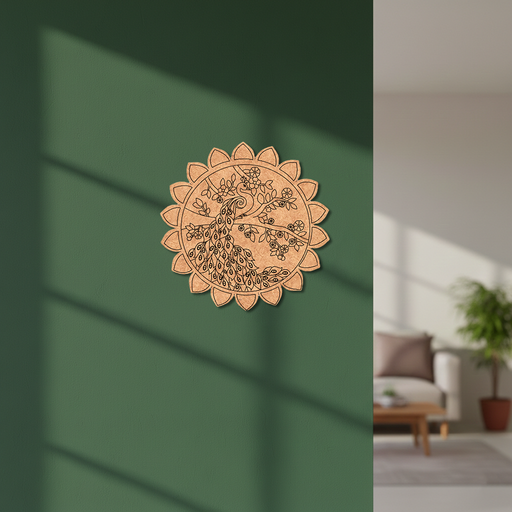 MDF peacock mandala round design DIY craft wall decor base with laser engraving, mounted on wall