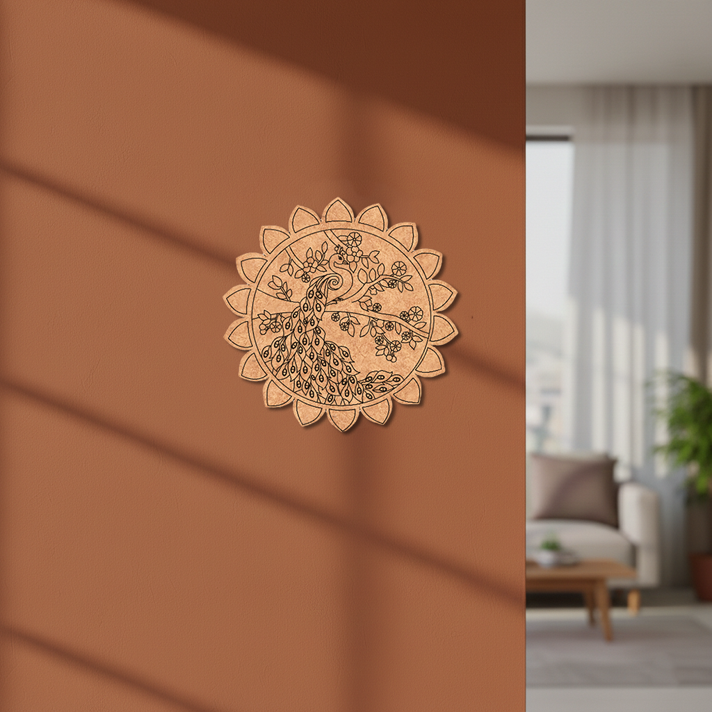 MDF peacock mandala round design DIY craft wall decor base with laser engraving, mounted on wall