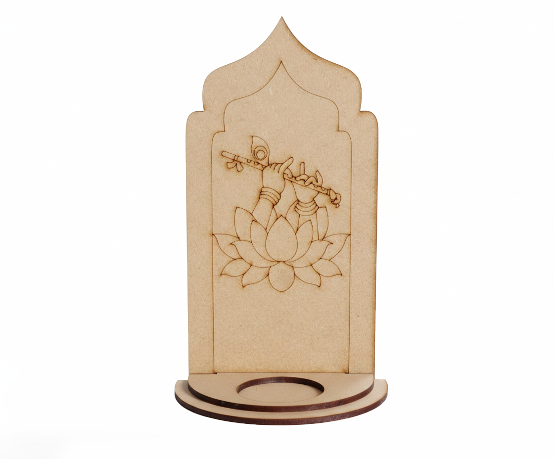 MDF Krishna lotus arch stand design DIY craft tea light holder with engraved flute pattern