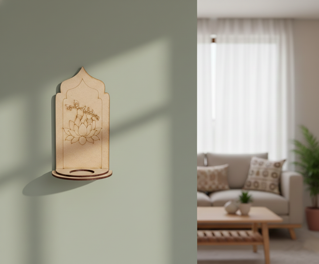MDF Krishna lotus arch stand design DIY craft tea light holder with engraved flute pattern, mounted on wall