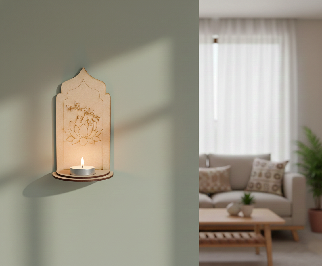 MDF Krishna lotus arch stand design DIY craft tea light holder with engraved flute pattern, mounted on wall