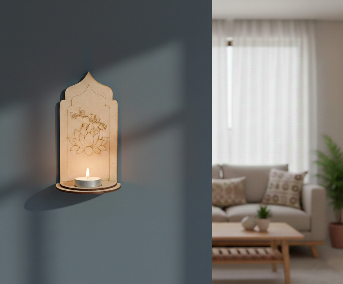 MDF Krishna lotus arch stand design DIY craft tea light holder with engraved flute pattern, mounted on wall