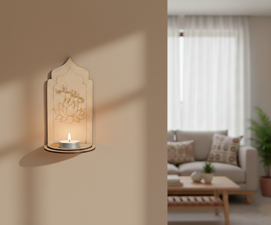 MDF Krishna lotus arch stand design DIY craft tea light holder with engraved flute pattern, mounted on wall