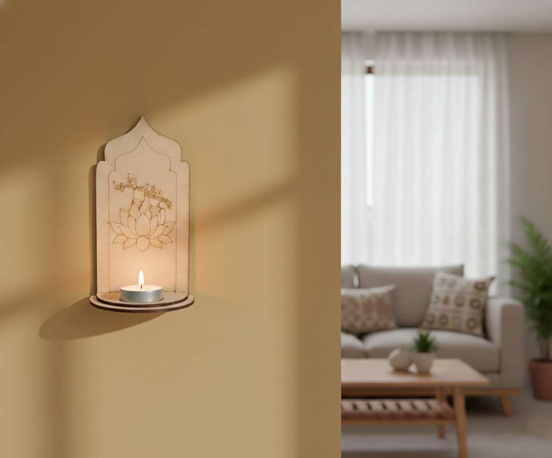 MDF Krishna lotus arch stand design DIY craft tea light holder with engraved flute pattern, mounted on wall