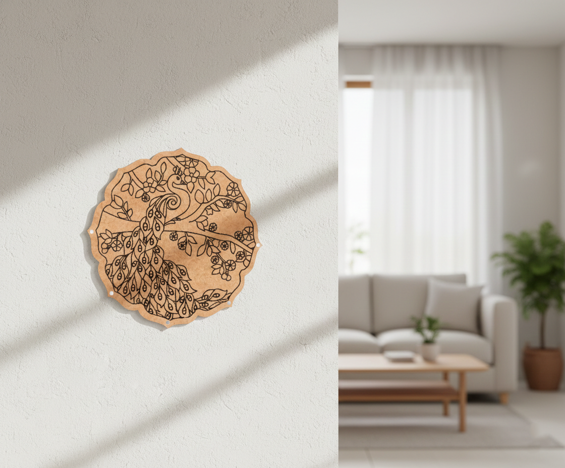 MDF peacock round cutout design DIY craft wall decor base with laser engraving, mounted on wall