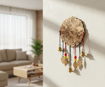 MDF peacock round cutout design DIY craft wall decor base with laser engraving, mounted on wall with latkans