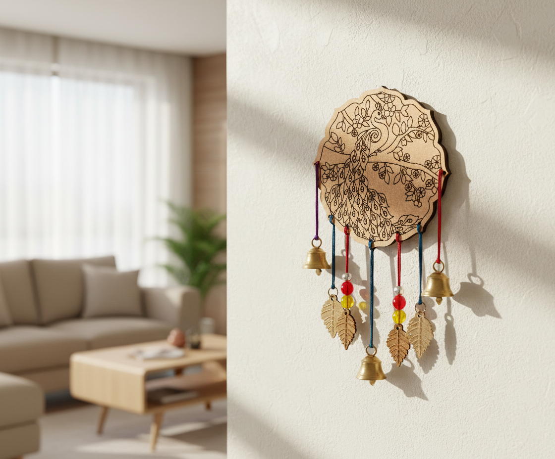 MDF peacock round cutout design DIY craft wall decor base with laser engraving, mounted on wall with latkans