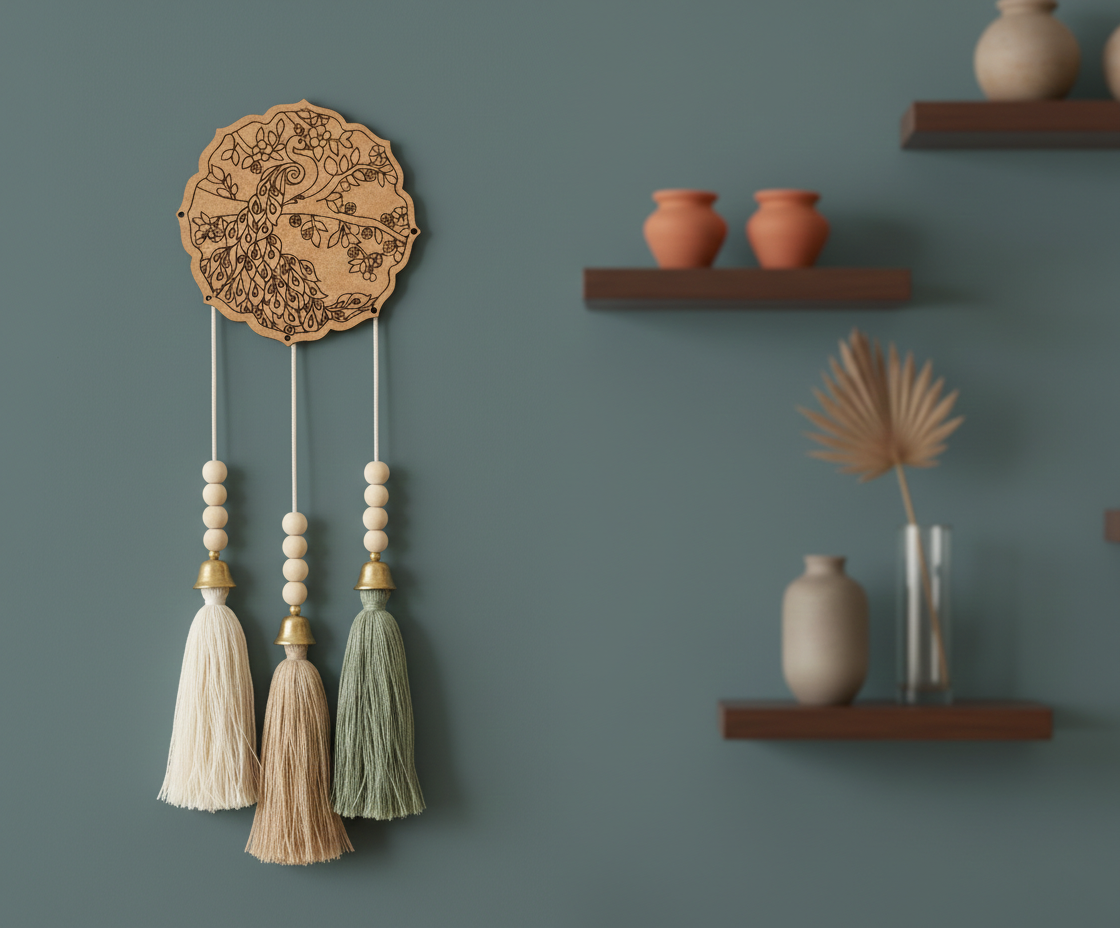 MDF peacock round cutout design DIY craft wall decor base with laser engraving, mounted on wall with latkans