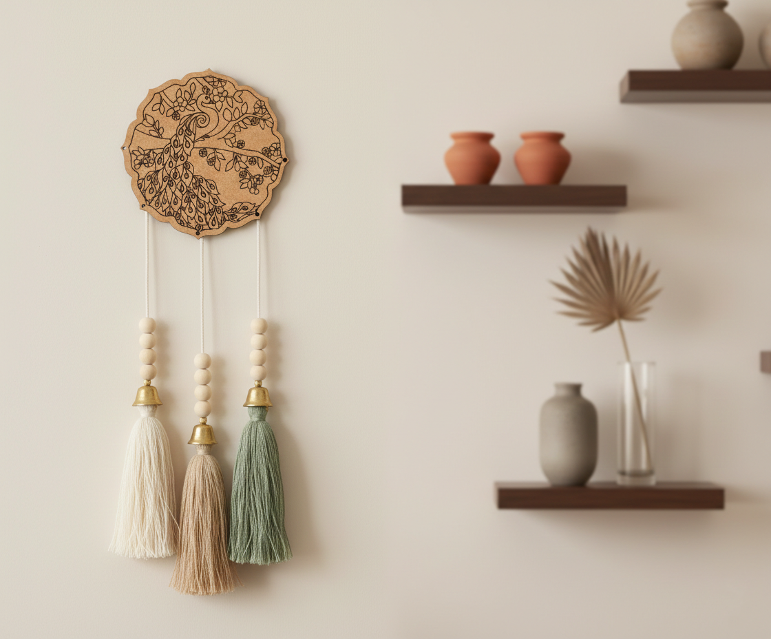 MDF peacock round cutout design DIY craft wall decor base with laser engraving, mounted on wall with latkans