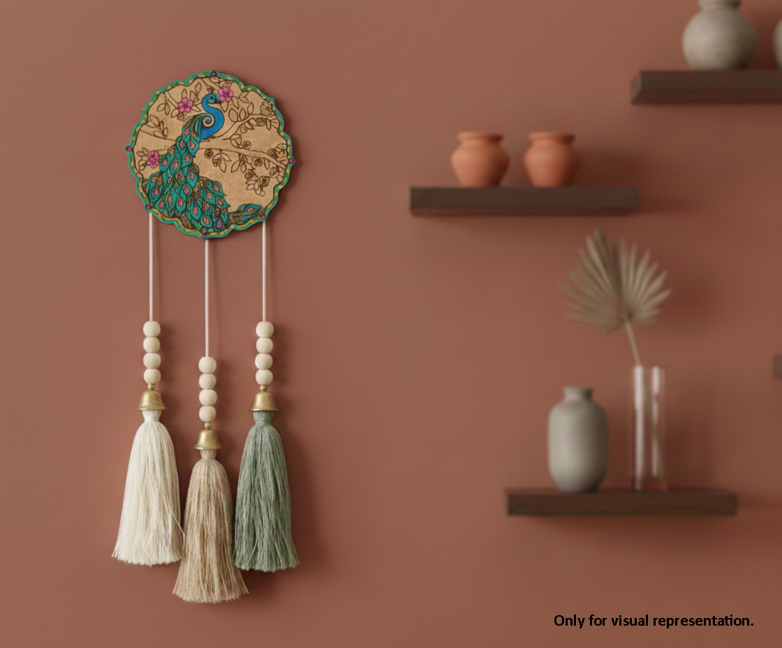 Painted MDF peacock round cutout design DIY craft wall decor base with laser engraving, mounted on wall with latkans