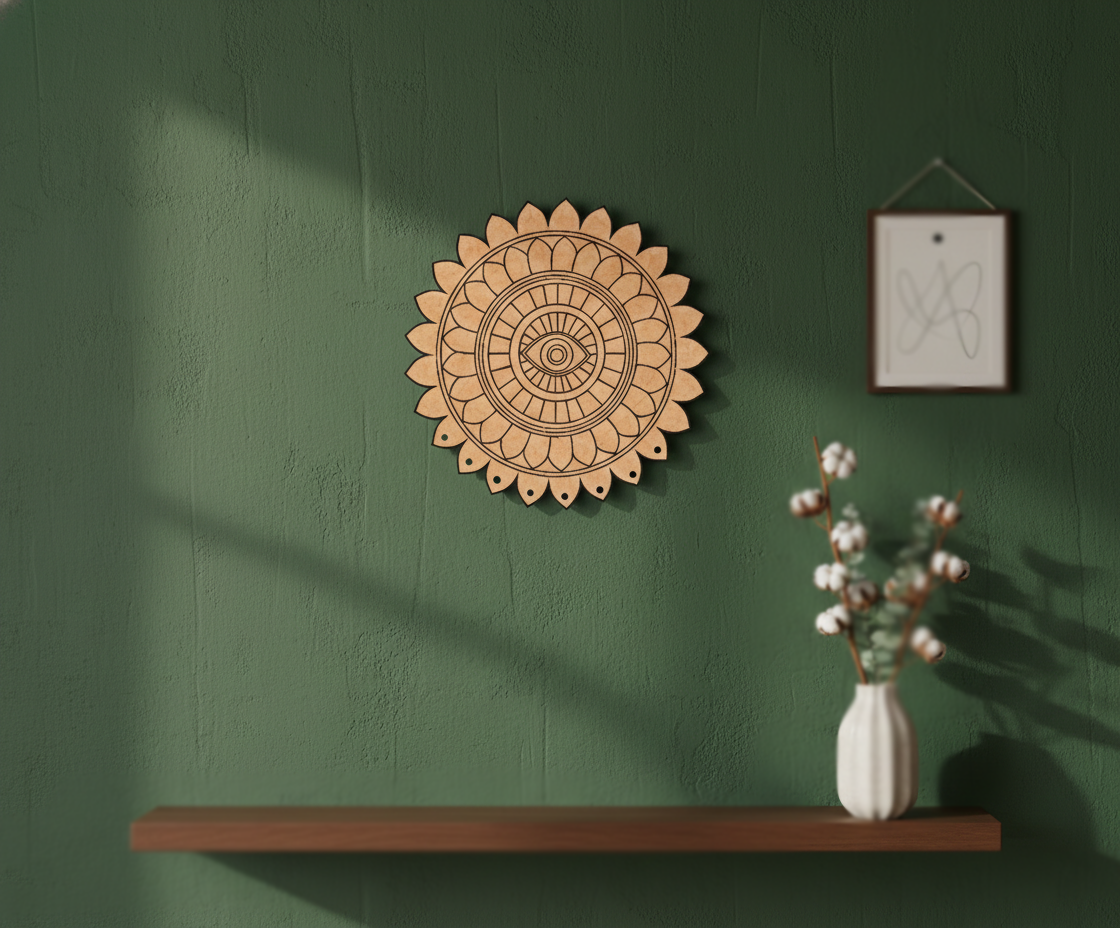 MDF eye mandala round cutout design DIY craft wall decor base with laser engraving, mounted on wall 