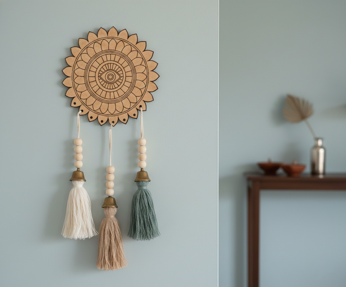 MDF eye mandala round cutout design DIY craft wall decor base with laser engraving, mounted on wall with latkans 