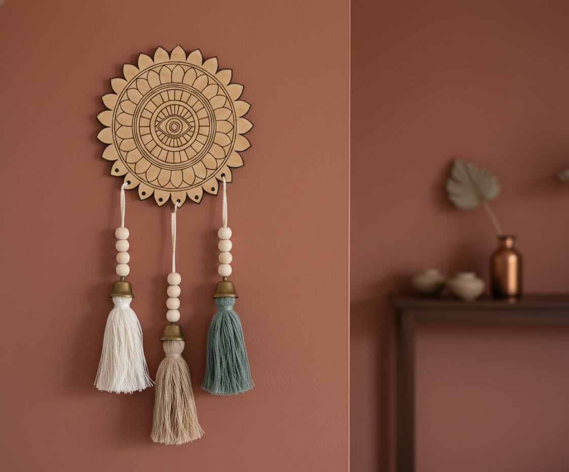 MDF eye mandala round cutout design DIY craft wall decor base with laser engraving, mounted on wall with latkans 