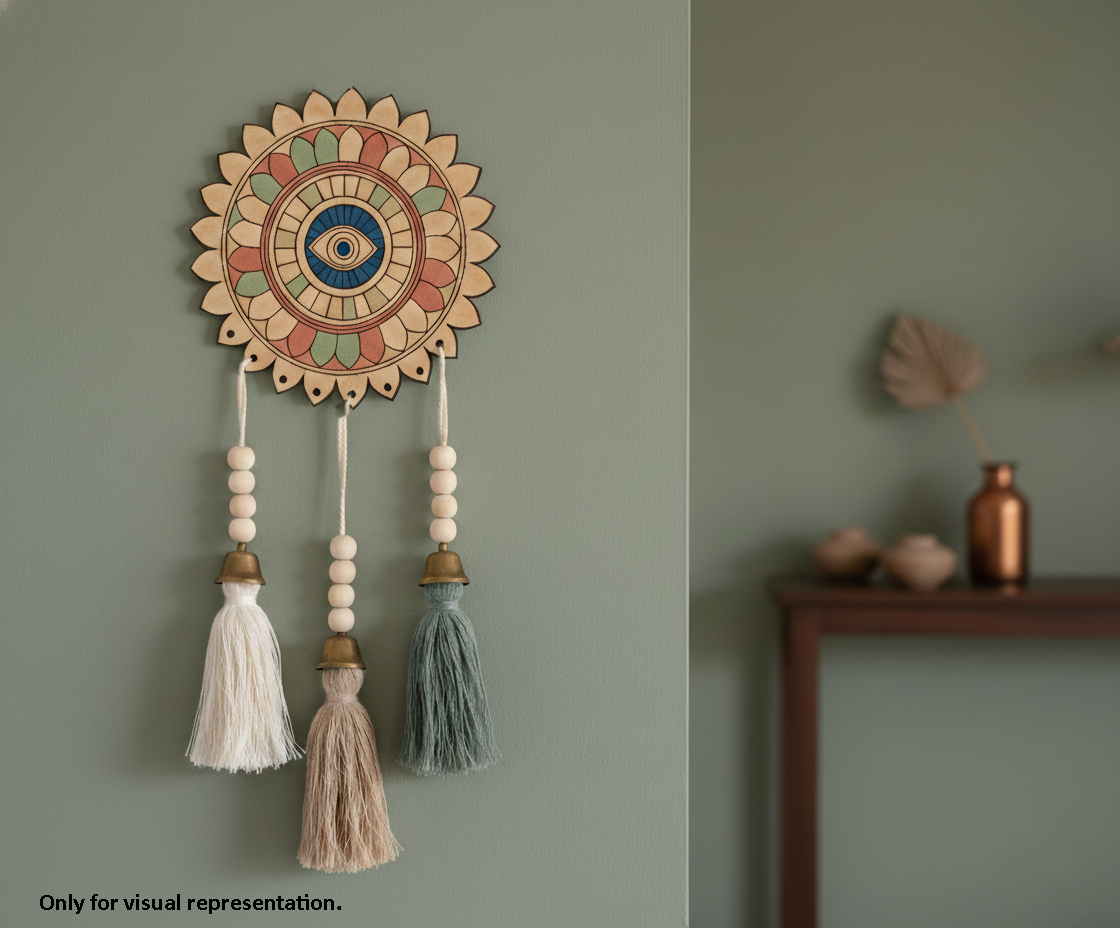 Painted MDF eye mandala round cutout design DIY craft wall decor base with laser engraving, mounted on wall with latkans 