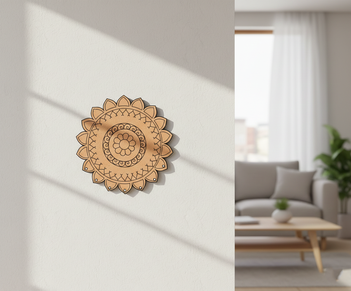 MDF floral mandala round cutout design DIY craft wall decor base with engraving, mounted on wall
