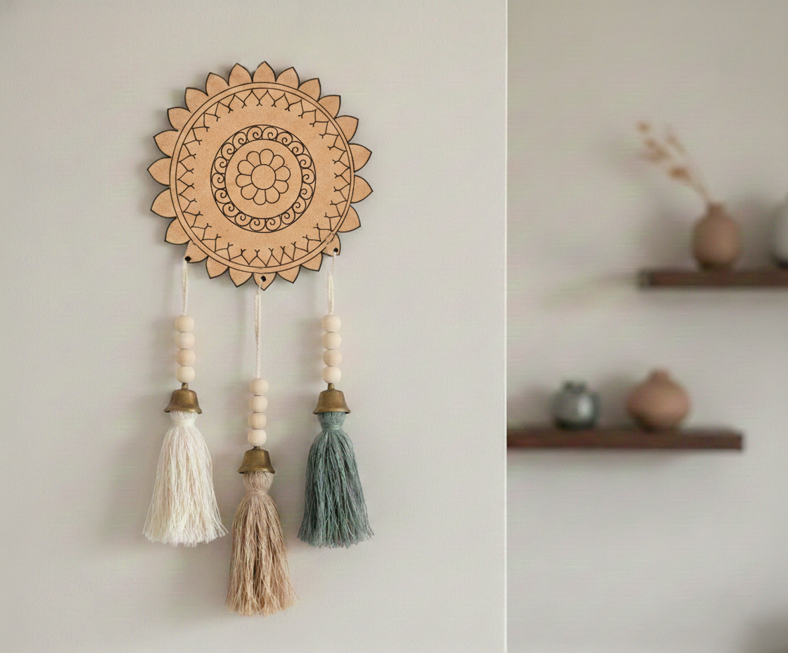 MDF floral mandala round cutout design DIY craft wall decor base with engraving, mounted on wall