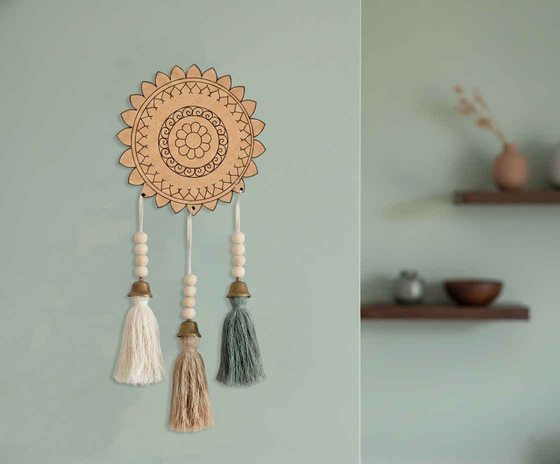 MDF floral mandala round cutout design DIY craft wall decor base with engraving, mounted on wall