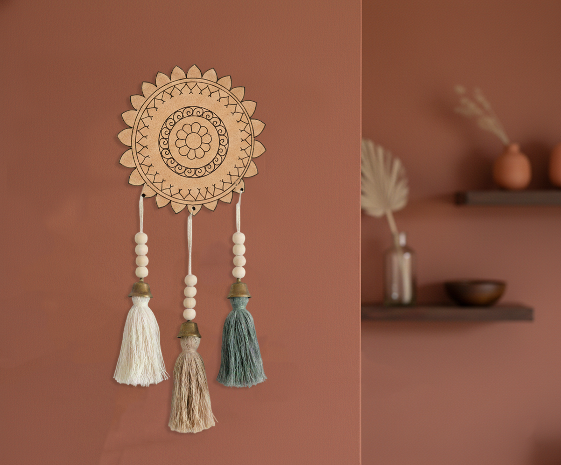 MDF floral mandala round cutout design DIY craft wall decor base with engraving, mounted on wall with latkans 