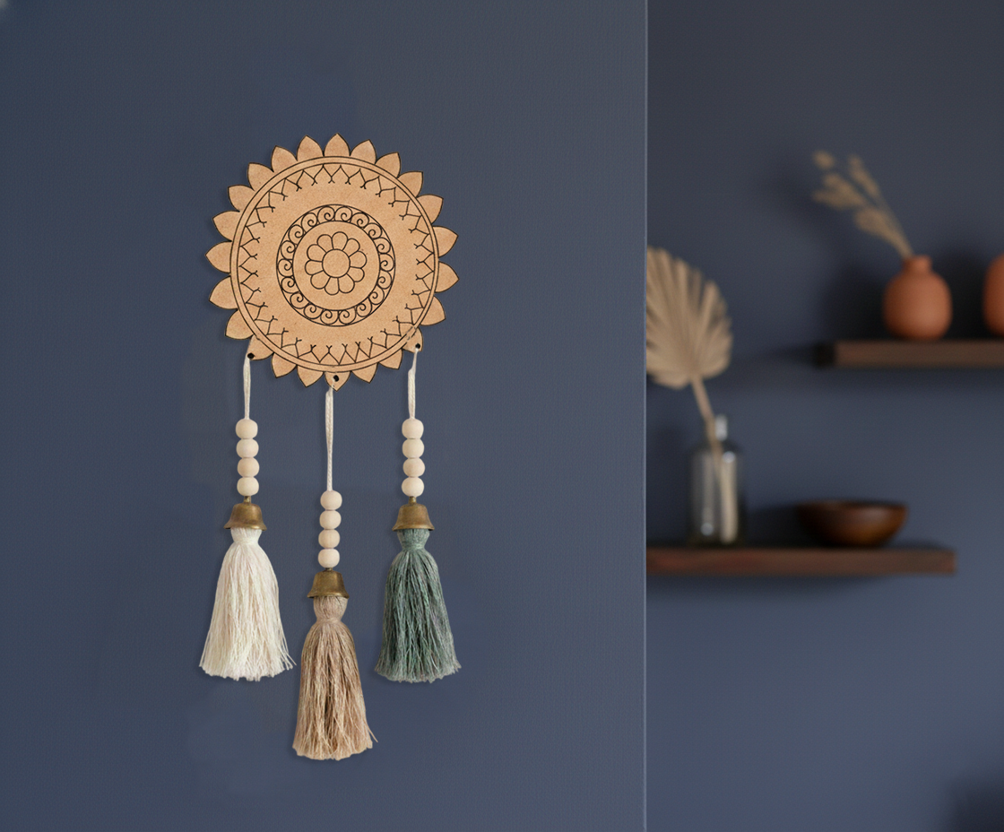 MDF floral mandala round cutout design DIY craft wall decor base with engraving, mounted on wall with latkans 