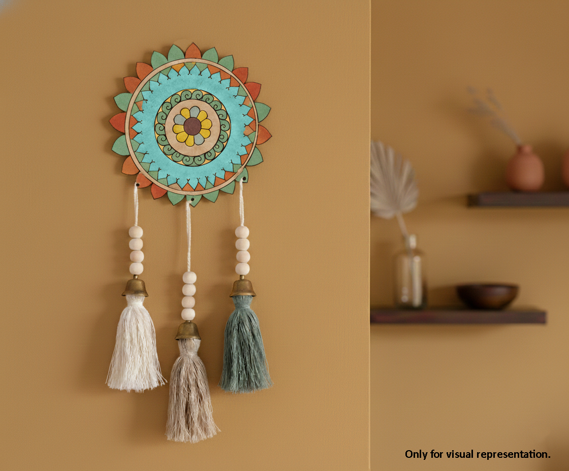 Painted MDF floral mandala round cutout design DIY craft wall decor base with engraving, mounted on wall with latkans 