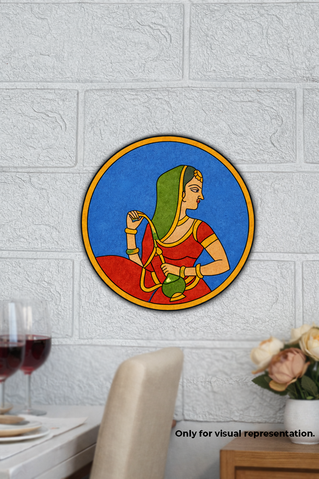 Decorative MDF DIY wall art of a woman in a red saree with a green headscarf on a textured white wall.