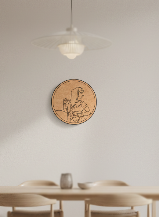 Round  MDF DIY wall art piece on a neutral wall above a dining table.