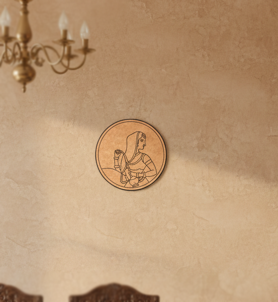 Decorative  MDF DIY wall art of a woman's silhouette on a beige wall with a chandelier above.