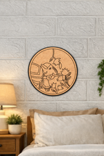 MDF DIY wall art with a design of a elephant and rider on a textured wall above a bed.