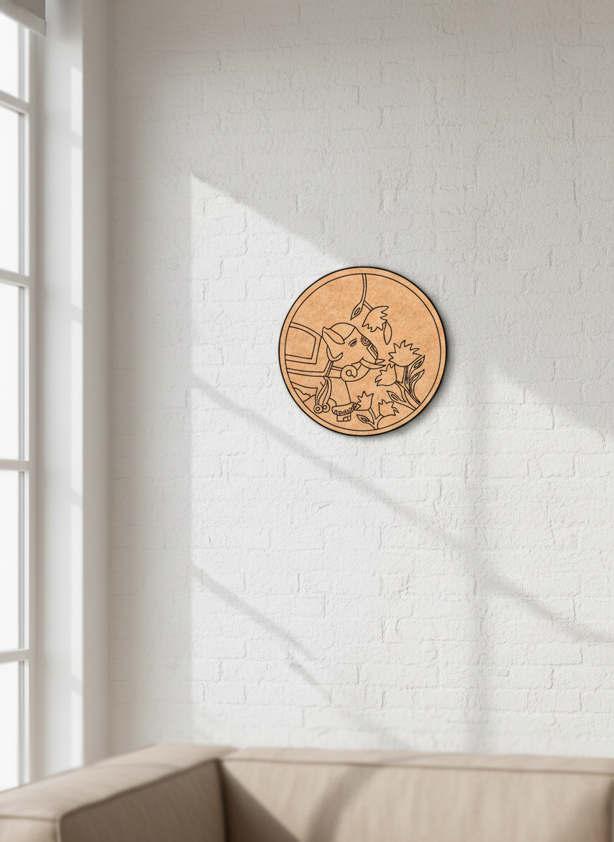 Decorative MDF DIY wall art with a circular design on a white brick wall.