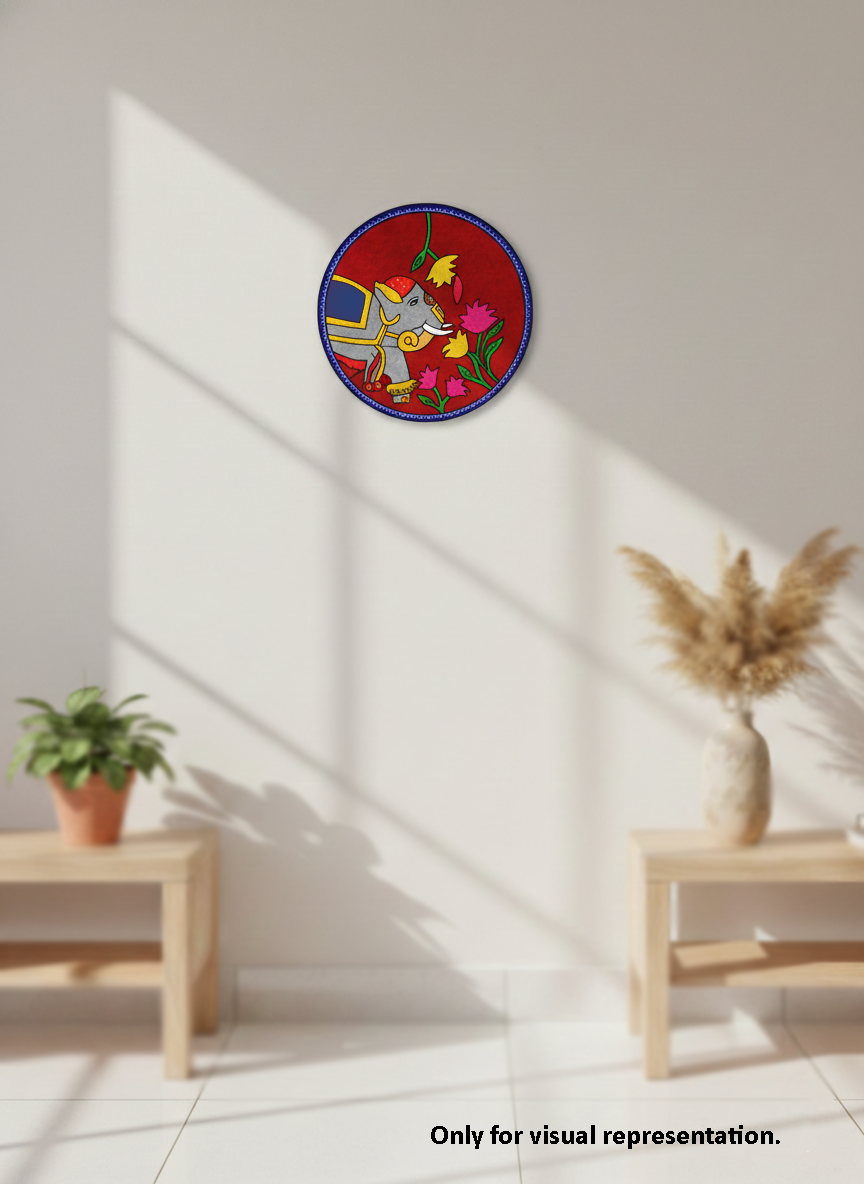 Decorative MDF DIY wall plate with a colorful design of a elephant and flowers on a red background, mounted on a white wall.
