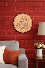 MDF DIY  wall art with a face design on a red brick wall in a living room.