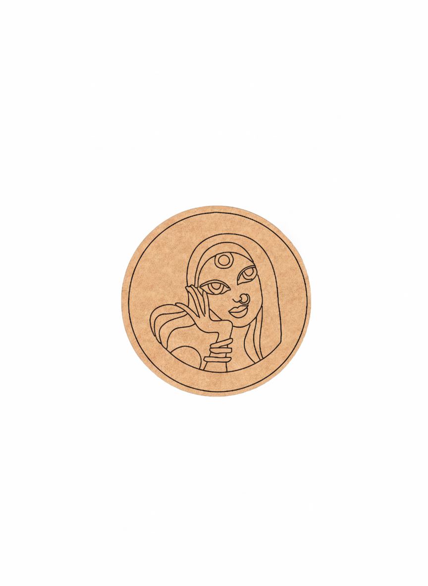 Circular MDF DIY wall art with a face design on a white background