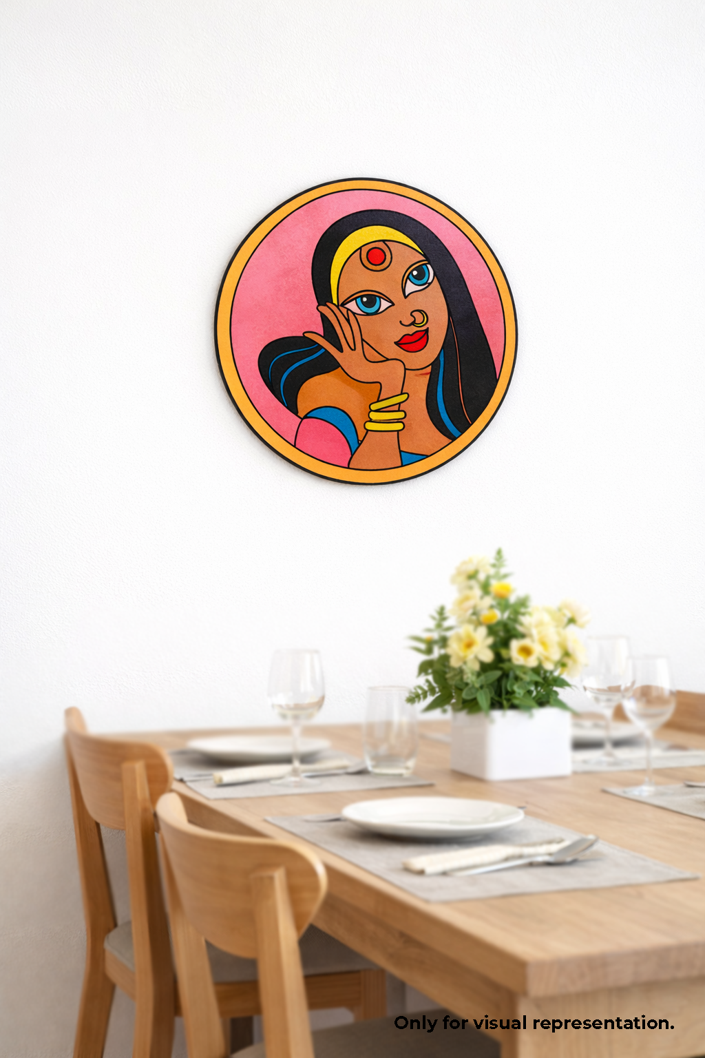 Dining room with a colorful MDF DIY  wall art of a woman's face on a white wall.