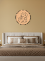 Decorative MDF DIY  wall art of a woman's face on a beige wall above a bed with beige bedding.