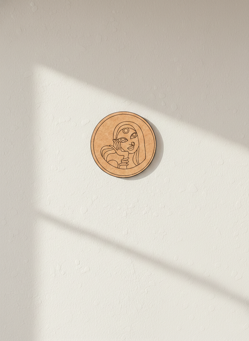 Circular MDF DIY wall art with a design on a light beige surface