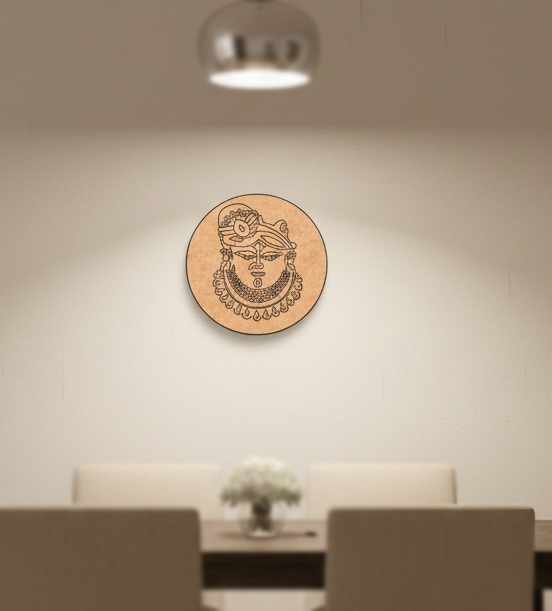 Decorative MDF DIY wall art with a circular design of a face on a beige wall above a dining table.