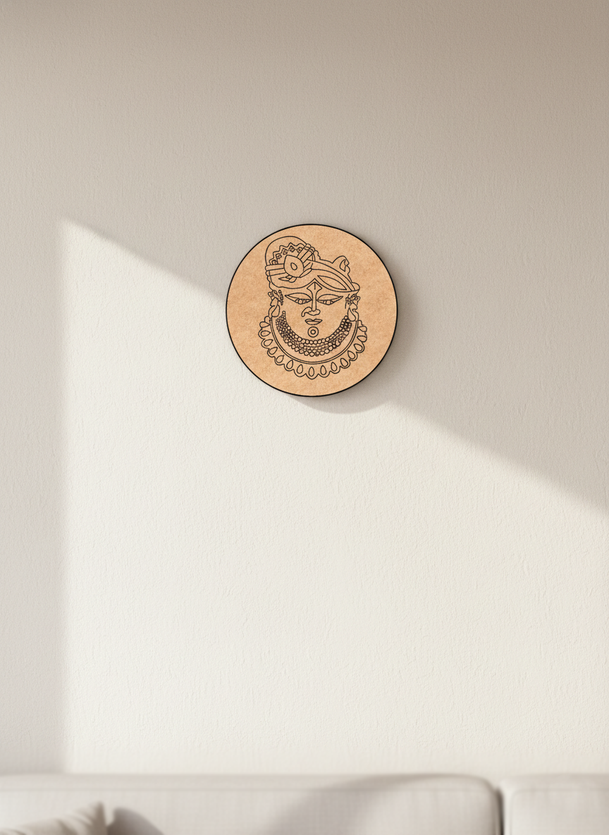 Round MDF DIY  wall art with a face design on a beige wall.